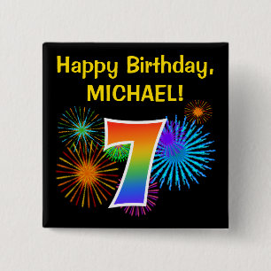 Fun Fireworks + Regenbogenmuster "7" Geburtstag # Button