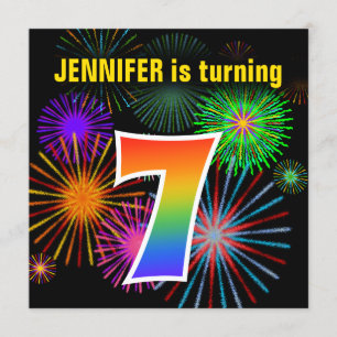 Fun Fireworks + Regenbogenmuster "7" Geburtstag # Einladung