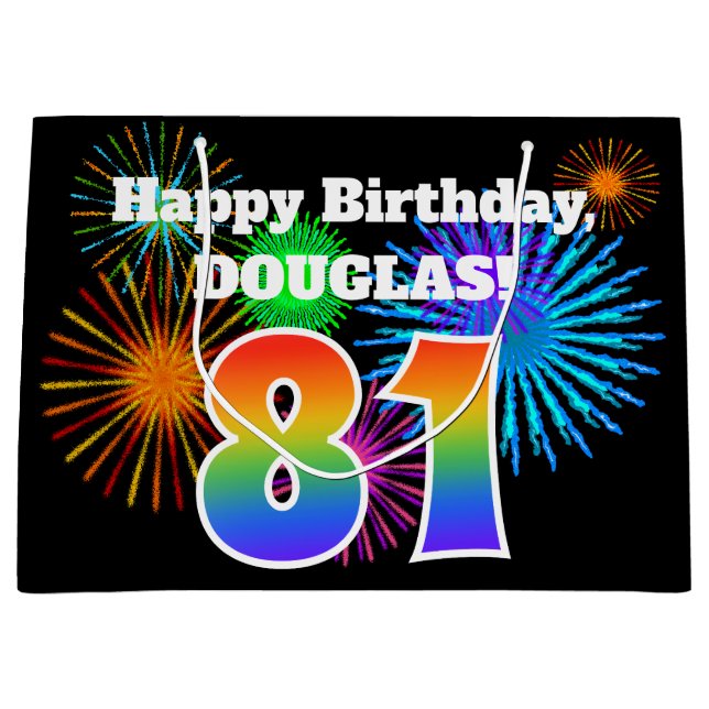 Fun Fireworks + Regenbogenmuster "81" Geburtstag # Große Geschenktüte (Vorderseite)