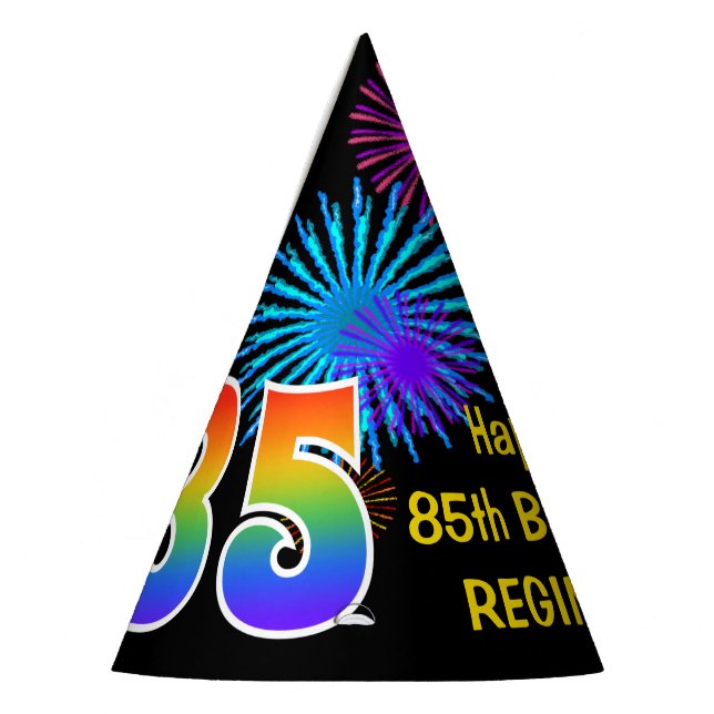 Fun Fireworks + Regenbogenmuster "85" Geburtstag # Partyhütchen (Links)