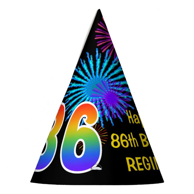 Fun Fireworks + Regenbogenmuster "86" Geburtstag # Partyhütchen (Links)