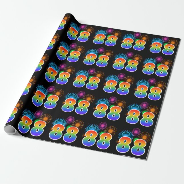 Fun Fireworks + Regenbogenmuster "88" Ereignisnumm Geschenkpapier (Ungerollt)