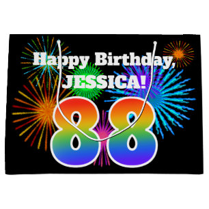 Fun Fireworks + Regenbogenmuster "88" Geburtstag # Große Geschenktüte