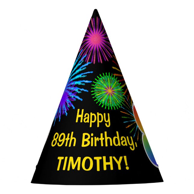 Fun Fireworks + Regenbogenmuster "89" Geburtstag # Partyhütchen (Vorderseite)