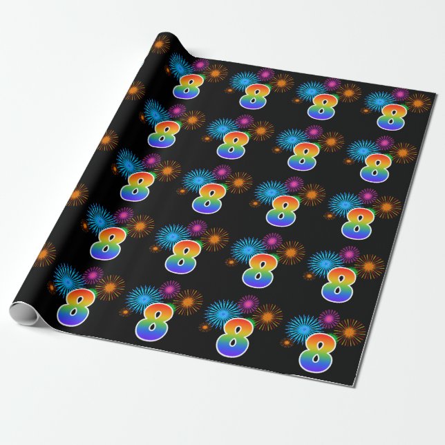 Fun Fireworks + Regenbogenmuster "8" Ereignisnumme Geschenkpapier (Ungerollt)