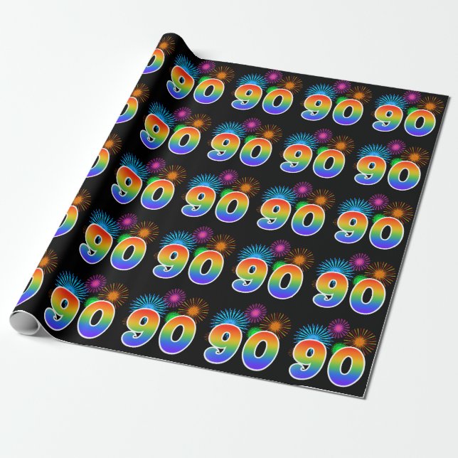 Fun Fireworks + Regenbogenmuster "90" Ereignisnumm Geschenkpapier (Ungerollt)