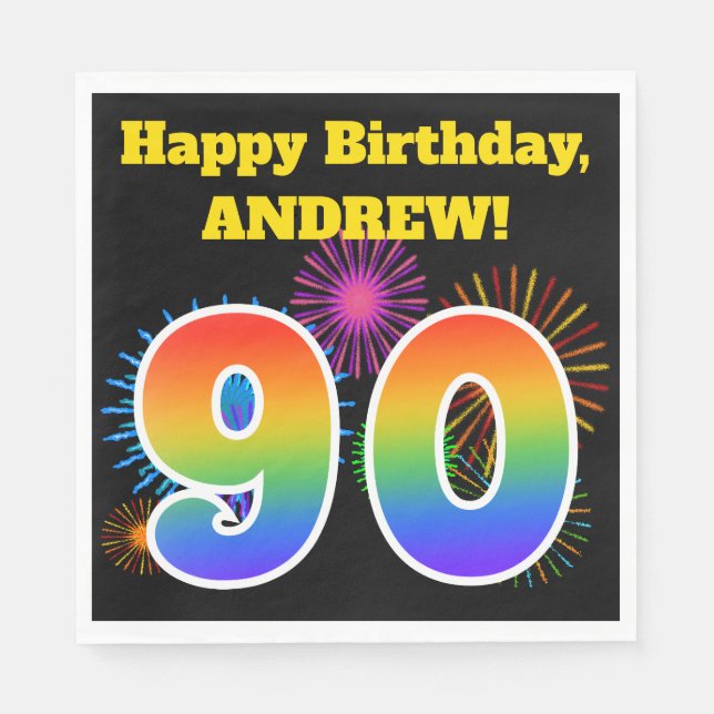 Fun Fireworks + Regenbogenmuster "90" Geburtstag # Serviette (Vorderseite)