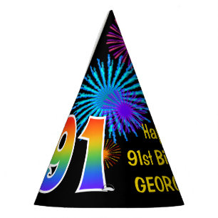 Fun Fireworks + Regenbogenmuster "91" Geburtstag # Partyhütchen