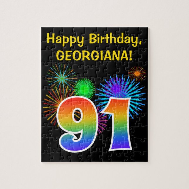 Fun Fireworks + Regenbogenmuster "91" Geburtstag # Puzzle (Vertikal)
