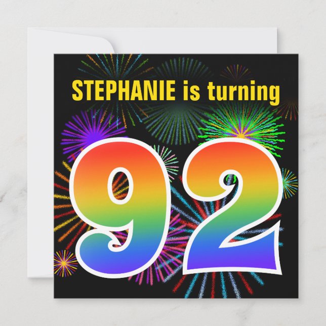 Fun Fireworks + Regenbogenmuster "92" Geburtstag # Einladung (Vorderseite)