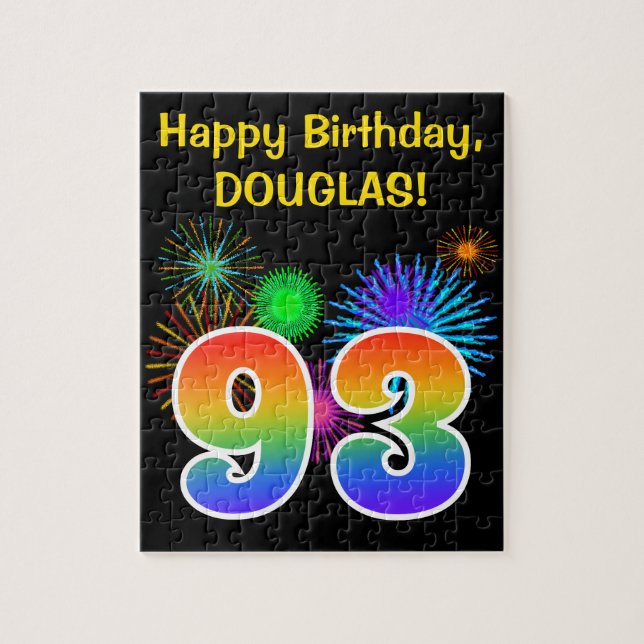 Fun Fireworks + Regenbogenmuster "93" Geburtstag # Puzzle (Vertikal)