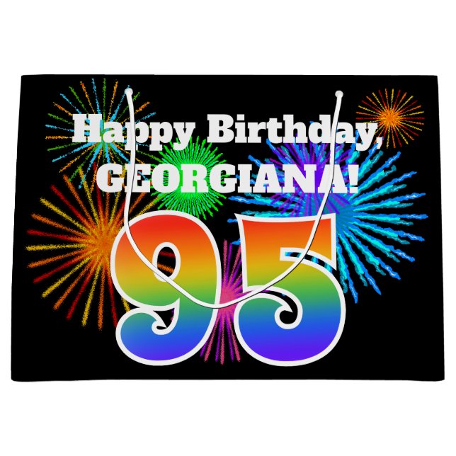 Fun Fireworks + Regenbogenmuster "95" Geburtstag # Große Geschenktüte (Vorderseite)