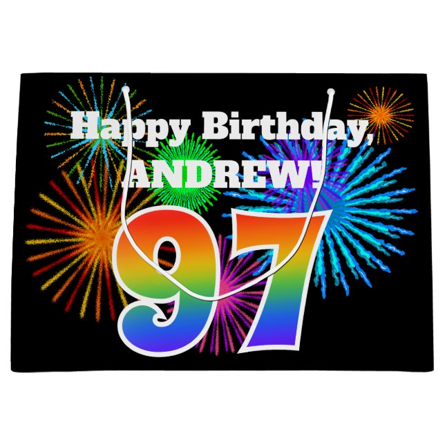 Fun Fireworks + Regenbogenmuster "97" Geburtstag # Große Geschenktüte (Vorderseite)