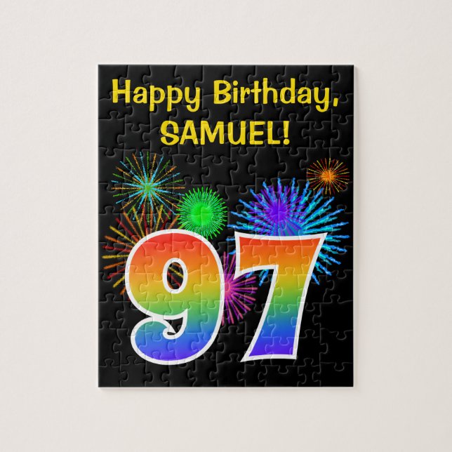 Fun Fireworks + Regenbogenmuster "97" Geburtstag # Puzzle (Vertikal)