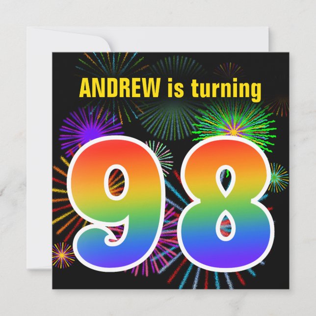 Fun Fireworks + Regenbogenmuster "98" Geburtstag # Einladung (Vorderseite)