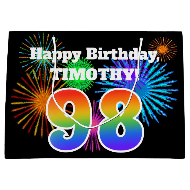 Fun Fireworks + Regenbogenmuster "98" Geburtstag # Große Geschenktüte (Vorderseite)