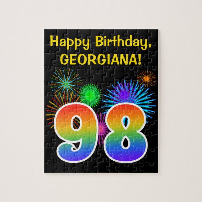 Fun Fireworks + Regenbogenmuster "98" Geburtstag # Puzzle (Vertikal)