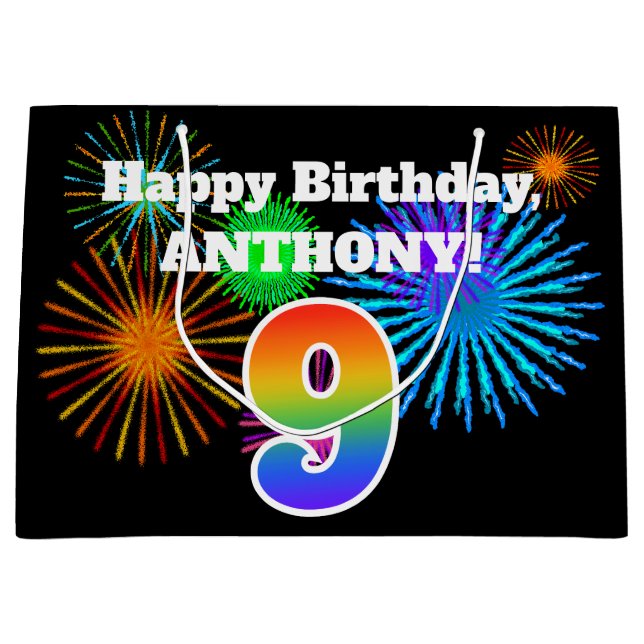 Fun Fireworks + Regenbogenmuster "9" Geburtstag # Große Geschenktüte (Vorderseite)
