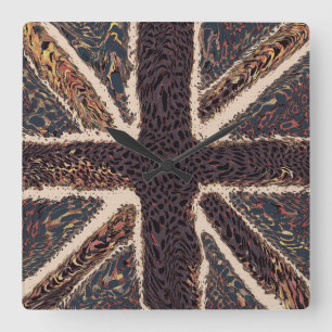 Fun Flag Art Brown Union Jack Animal Print Quadratische Wanduhr