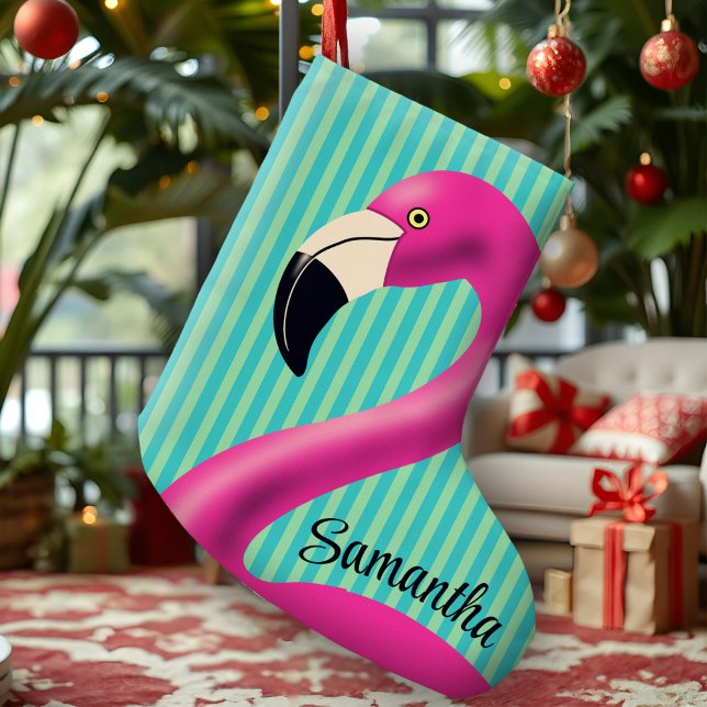 Fun Flamingo Hot Pink Aqua Stripes Modern Tropical Großer Weihnachtsstrumpf (Vibrant personalized flamingo stocking with hot pink and aqua stripes for a tropical holiday.)