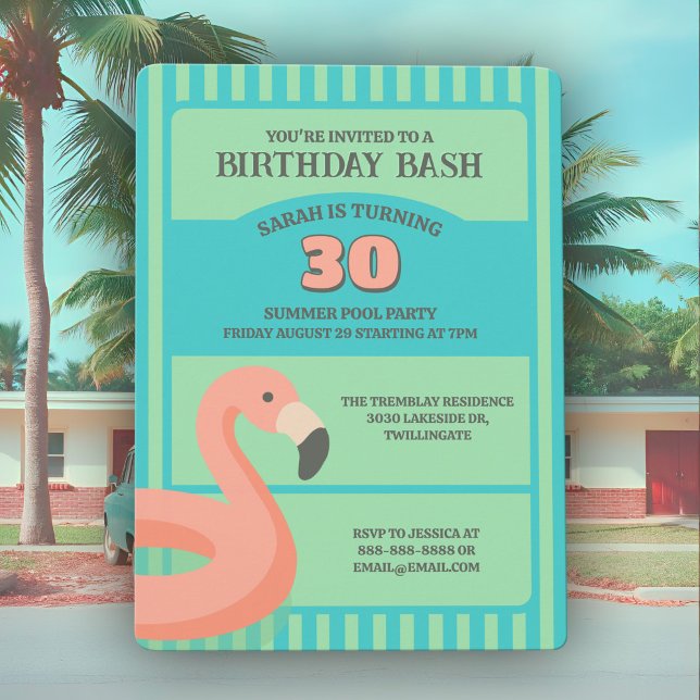 Fun Flamingo Pool Float Tropischer Sommer Geburtst Einladung (Flamingo pool float Summer birthday invitation in retro Palm Springs colors for a tropical party.)