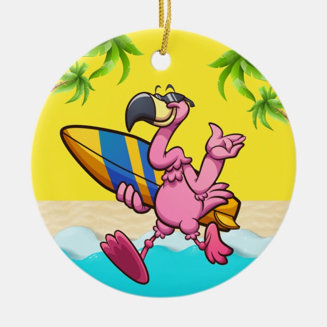 Fun Flamingo Surfer Keramik Ornament (Vorne)