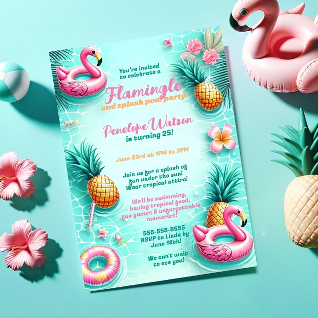 Fun Flamingo und Ananas Summer Pool Party Einladung (Von Creator hochgeladen)