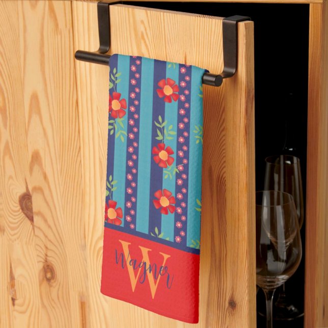 Fun Floral Stripe Stylish Custom Erstname Geschirrtuch (Von Creator hochgeladen)