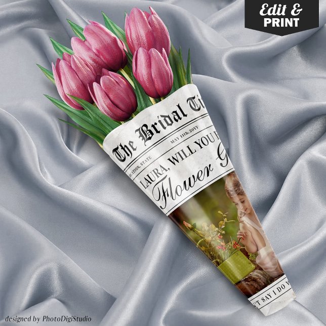 Fun Flower Girl Vorschlag Zeitung Blume Bouquet Geschenkpapier Set (Editable Fun Flower Girl Proposal Newspaper Flower Bouquet Wrapping Paper Sheets)