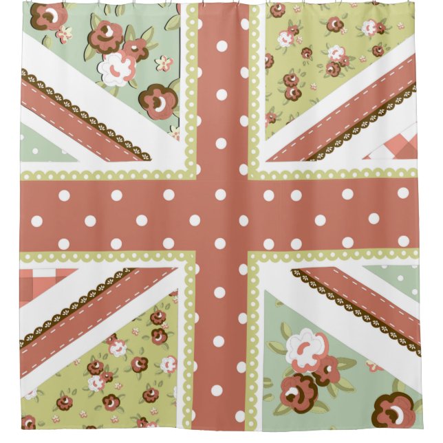 Fun Folk Quilt Britische Union Jack Blume braun Duschvorhang (Vorderseite)