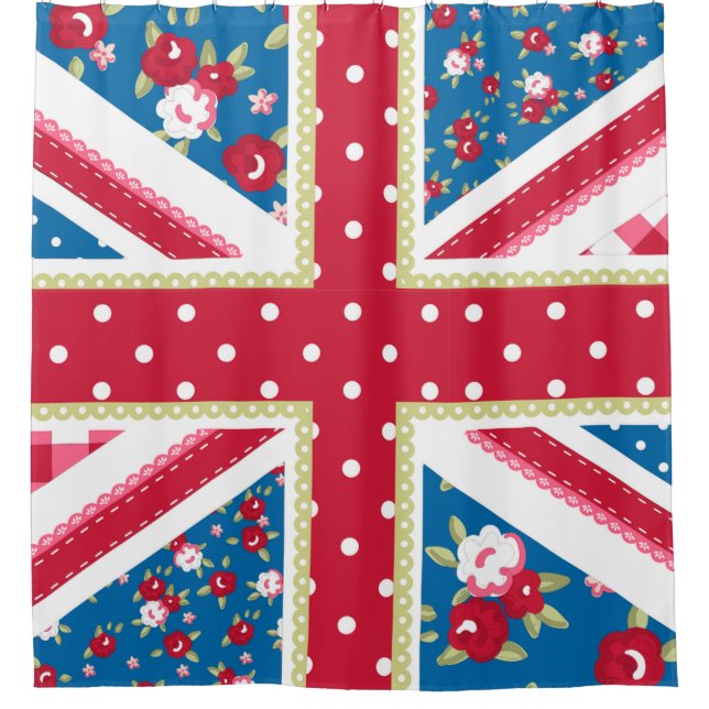 Fun Folk Quilt Britische Union Jack Blume Duschvorhang (Vorderseite)