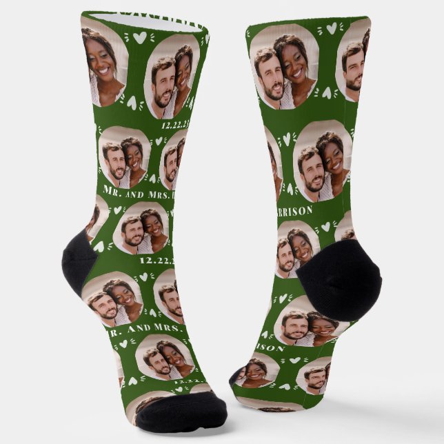 Fun Forest Green Newlyweds Foto Muster Socken (Gewinkelt)