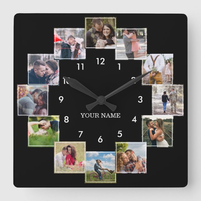 Fun Foto Collage Couple's Black Large Clock Quadratische Wanduhr (Vorderseite)