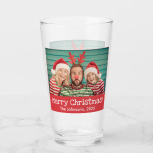Fun Foto Frohe Weihnachten Rustikal Rot mit Namen Glas