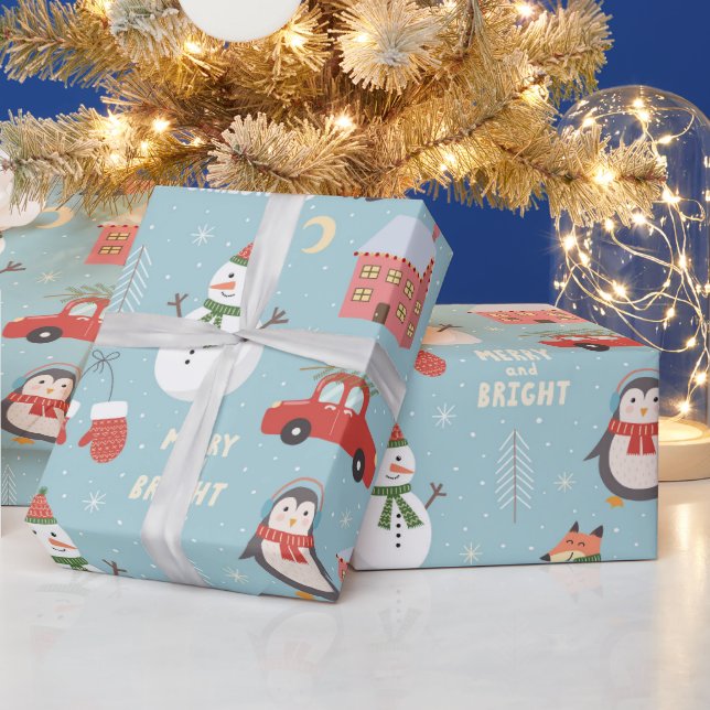 Fun Fox Snowman Penguin und Autos Weihnachten Geschenkpapier (Feiertage)