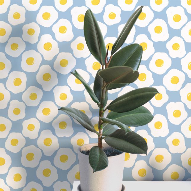 Fun Fried Eggs Aquamarin Blue Pattern Tapete (Fun fried egg food art peel and stick wallpaper for kitchen, diner, cafe or restaurant)