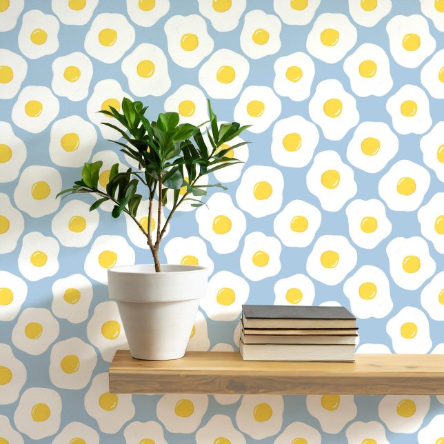 Fun Fried Eggs Aquamarin Blue Pattern Tapete (Fun fried egg food art peel and stick wallpaper for kitchen, diner, cafe or restaurant)