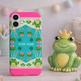 Fun Frog Pattern Pink Green Custom Name iPhone 16 Plus Hülle