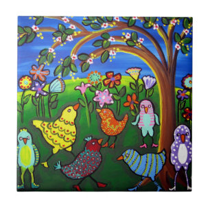 Fun Funky farbige Vögel Weiße Folklorekunst Tile Fliese