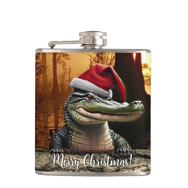 Fun Gator in einer Weihnachtsmannmütze Flachmann (Vorderseite)