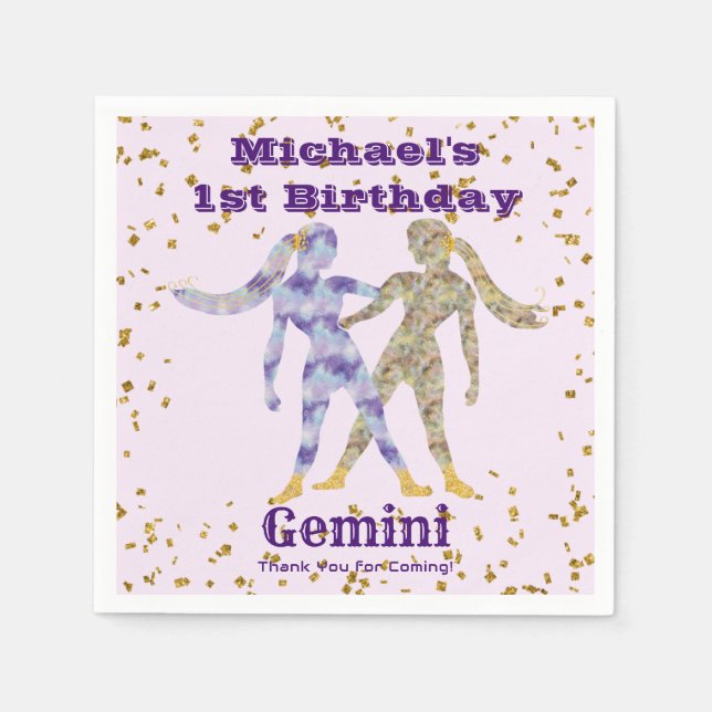 Fun Gemini Erstgeburtstag & Gold Confetti Serviette (Vorderseite)