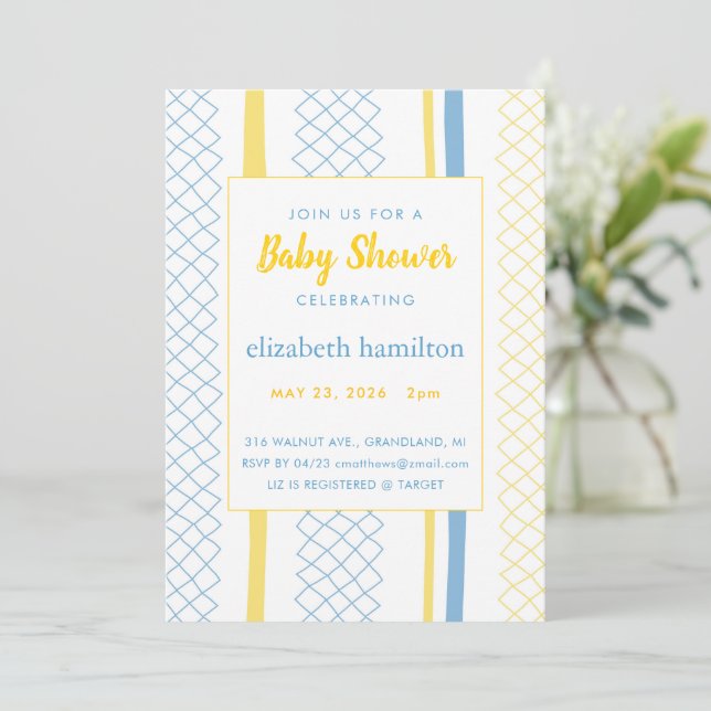 Fun Geometric Yellow & Blue Baby Shower Invitation Einladung (Stehend Vorderseite)