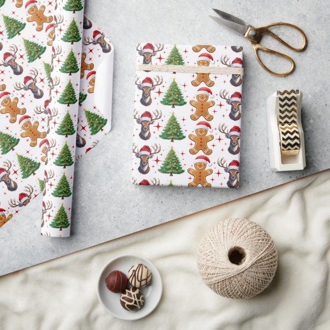 Fun Gingerbread Man Rentier Weihnachtsbaum Geschenkpapier (Kunsthandwerk)