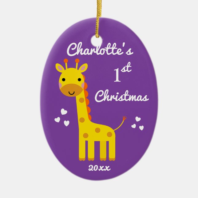 Fun Giraffe Baby's erste Weihnachtsgeschenk Lila Keramikornament (Vorne)