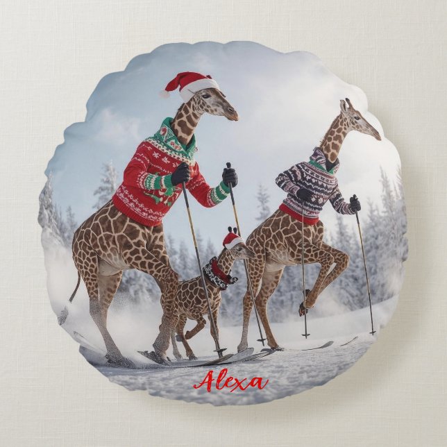Fun Giraffe Familie Skifahren Weihnachten Personal Rundes Kissen (Vorderseite)