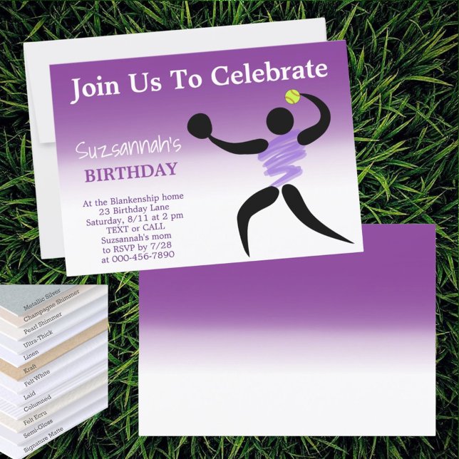 Fun Girls Softball Custom Geburtstagsparty Einladung (front invitation template gradient purple back)