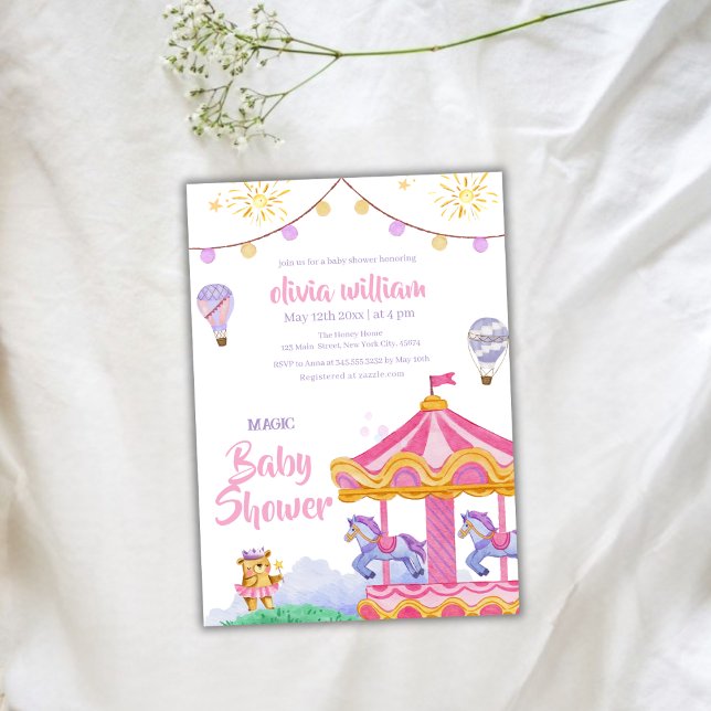 Fun Girly Magical Balloon Carousel Babydusche Einladung (Fun Girly Magical Balloon Carousel Baby Shower Invitation)