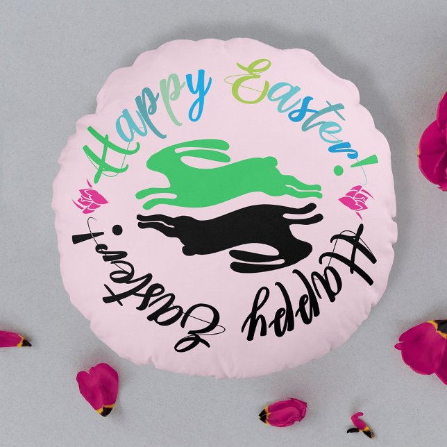 Fun Girly Pink farbenfrohe Osterbünen Typografie Rundes Kissen (Von Creator hochgeladen)