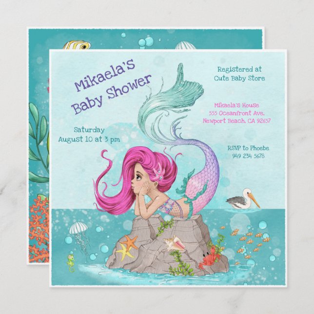 Fun Girly Pink Hair Mermaid Babydusche Einladung (Vorne/Hinten)