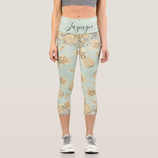 Fun Glittery Golden Pineapes Personalisiert Capri Leggings (Vorderseite)